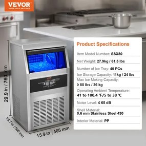 VEVOR Commercial Ice Maker Freestanding Cabinet Machine 80lbs/24H 40 Ice Cubes