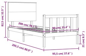 Πλαίσιο Κρεβατιού με Κεφαλάρι Μαύρο 90x200 εκ. Μασίφ Ξύλο - Μαύρο