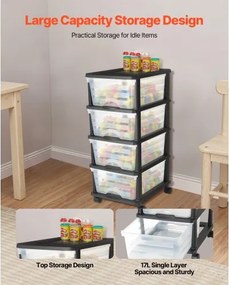 VEVOR Plastic Storage Drawers Cart 4 Drawers Rolling Storage Organizer w/ Wheels