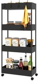 HOMCOM Τροχήλατο καρότσι κουζίνας με 4 ράφια, 4 εύκαμπτους γάντζους, 4 τροχούς, 40 cm x 19 cm x 90 cm, καρότσι για στενούς χώρους, Μαύρο