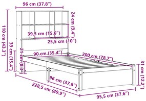Κρεβάτι Βιβλιοθήκη Χωρίς Στρώμα 90x200 εκ Μασίφ Ξύλο Πεύκου 3322996