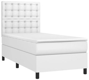 vidaXL Κρεβάτι Boxspring με Στρώμα & LED Λευκό 90x190 εκ. Συνθ. Δέρμα