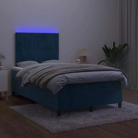 vidaXL Κρεβάτι Boxspring με Στρώμα &amp; LED Σκ. Μπλε 120x190εκ. Βελούδινο