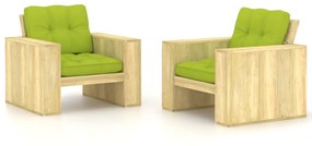 Καρέκλες Κήπου 2 τεμ. Εμπ. Ξύλο Πεύκου &amp; Φωτ. Πράσινα Μαξιλάρια