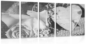 Εικόνα 5 τμημάτων τριαντάφυλλο και καρδιά σε γιούτα σε ασπρόμαυρο - 200x100