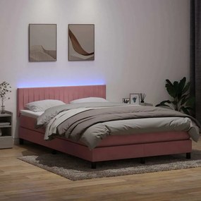 vidaXL Κρεβάτι Boxspring με Στρώμα &amp; LED Ροζ 160x210 εκ. Βελούδινο