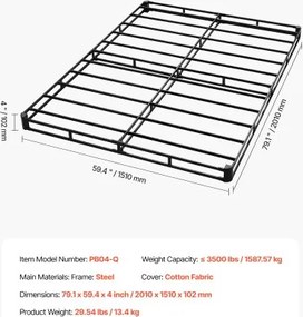 VEVOR Box Spring Queen Size Bed Frame with Fabric Cloth 79.1 L x 59.4 W x 4 H in