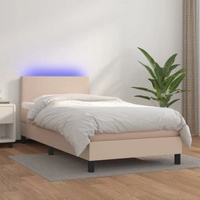 Κρεβάτι Boxspring Στρώμα&amp;LED Καπουτσίνο 100x200 εκ. Συνθ. Δέρμα - Καφέ