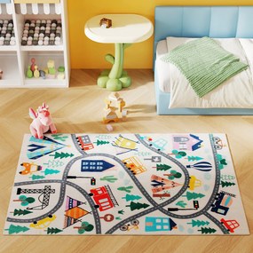 HOMCOM Χαλί με Μοτίβο Αυτοκινητόδρομου, Λευκό Φόντο, Μαλακό Fleece, Εύκολη Συντήρηση, Πολύχρωμο