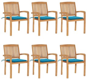 3073229 vidaXL Καρέκλες Κήπου Στοιβαζόμενες 6 τεμ. Μασίφ Ξύλο Teak &amp; Μαξιλάρια Μπλε, 1 Τεμάχιο
