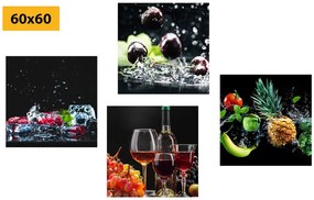 Σετ εικόνων κρασί και κομμάτια φρούτων σε μαύρο φόντο