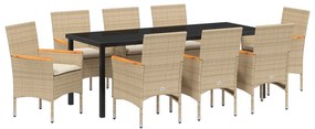 vidaXL Σετ Εξωτερικής Τραπεζαρίας 9 Τεμ με Μαξιλάρια Μπεζ Πολυ Ρατάν