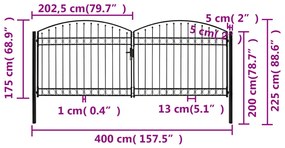 vidaXL Καγκελόπορτα Διπλή με Αψιδωτή Κορυφή Μαύρη 400x175 εκ. Ατσάλινη