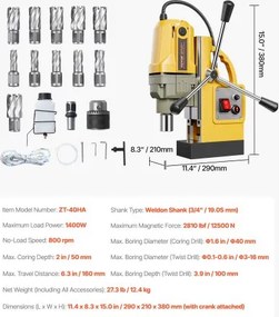 Magnetic Drill 1400W 2810 lbf Mag Drill Press 1.6 in Boring Diameter 11 Bits