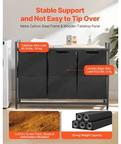 VEVOR 3 Section Laundry Sorter with Pull-Out Bags Metal Frame &amp; Wooden Tabletop