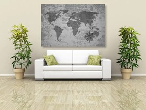Εικόνα ενός παλιού παγκόσμιου χάρτη με πυξίδα σε ασπρόμαυρο - 90x60