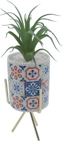 Τεχνητό Φυτό σε Κεραμικό Ethnic Γλαστράκι και Μεταλλική Βάση 8x25cm - Άσπρο
