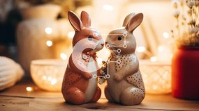 Intra Συλλεκτικό Ξύλινο Παζλ Plywood 4mm - Ρομαντικά κεραμικά ειδώλια κουνελιού σε ξύλινο τραπέζι Σε Ξύλινο Κουτί - Διαστάσεις: 10x10 cm – 25 κομμάτια