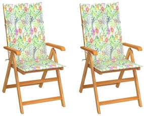 Καρέκλες Κήπου 2 τεμ. Ξύλο Teak &amp; Μαξιλάρια με Σχέδιο Φύλλων - Πολύχρωμο