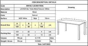 LAVIDA Τραπέζι BAR Μέταλλο Βαφή Φυσικό, Άσπρο MDF   1τμχ