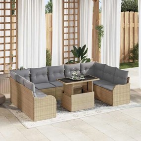 vidaXL Σετ Καναπέ Για Τον Κήπο, 10 Τεμάχια, Με Μαξιλάρια, Μπεζ, Πολυ Ράτταν