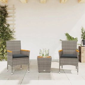 vidaXL Σετ Επίπλων Bistro 3τεμ Γκρι Συνθετικό Ρατάν/Γυαλί με Μαξιλάρια