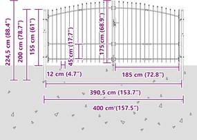vidaXL Διπλή Πύλη WOERDEN 400 x 224,5 εκ. Ατσάλι Γκρι Κλειδώσιμο