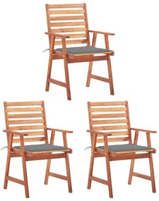 Καρέκλες Τραπεζαρίας Εξ. Χώρου 3 τεμ. Ξύλο Ακακίας με Μαξιλάρια - Γκρι