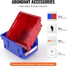 VEVOR Plastic Storage Bin, (5-Inch x 4-Inch x 3-Inch), Hanging Stackable Storage Organizer Bin, Blue/Red, 24-Pack, Heavy Duty Stacking Containers for Closet, Kitchen, Office, or Pantry Organization