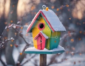 Intra Συλλεκτικό Ξύλινο Παζλ Plywood 4mm - Πολύχρωμο Birdhouse σε ξύλινο στύλο στο χιονισμένο δάσος Σε Ξύλινο Κουτί - Διαστάσεις: 10x10 cm – 25 κομμάτια