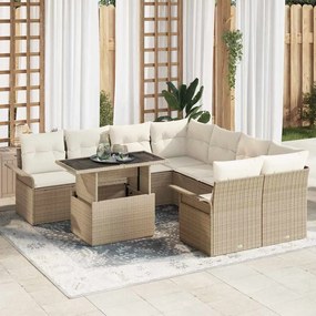 vidaXL Σετ Καναπέ Κήπου με μαξιλάρι 9 pcs Μπεζ Πολυ Ρατάν