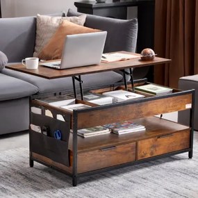 VEVOR Lift Top Coffee Table 39.4" Rectangle Coffee Table with Light &amp; USB Brown
