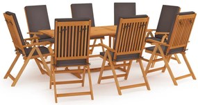 vidaXL Σετ Τραπεζαρίας Κήπου 9 Τεμ. Μασίφ Ξύλο Teak με Γκρι Μαξιλάρια