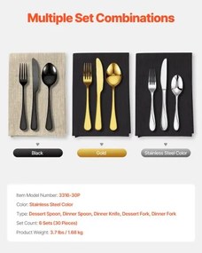 VEVOR 30-Piece Silverware Set Stainless Steel Cutlery Flatware Utensils for 6