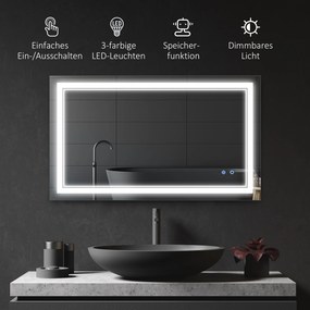 kleankin Καθρέφτης Μπάνιου με Φωτισμό LED, Λειτουργία Μνήμης, Διακόπτης Αφής, Ανθεκτικός σε Πιτσιλιές, Ασημί