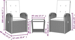 vidaXL Σετ Τραπεζαρίας Κήπου 3 τεμ. Γκρι Συνθ. Ρατάν με Μαξιλάρια