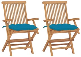 vidaXL Καρέκλες Κήπου 2 τεμ. από Μασίφ Ξύλο Teak με Γαλάζια Μαξιλάρια