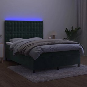 vidaXL Κρεβάτι Boxspring με Στρώμα & LED Σκ. Πράσινο 140x200εκ Βελούδο