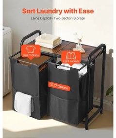 VEVOR 2 Section Laundry Sorter with Pull-Out Bags Metal Frame &amp; Wooden Tabletop