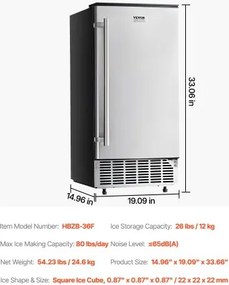 VEVOR Undercounter Built-in Ice Maker 80 Lbs/Day with Drain Pump Reversible Door