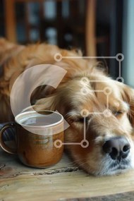 Intra Συλλεκτικό Ξύλινο Παζλ Plywood  4mm - Golden Retriever που στηρίζεται δίπλα στην κούπα καφέ Σε Ξύλινο Κουτί - Διαστάσεις: 10x10 cm – 25 κομμάτια