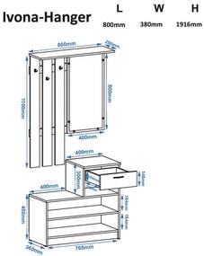 Έπιπλο Εισόδου με Κρεμάστρα/Καθρέπτη/Παπουτσοθήκη IVONA Τρούφα 80x38x191,6
