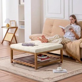 VEVOE Large Square Ottoman Coffee Table, 87.5 cm Tufted Coffee Table with Solid Wood Shelf Storage, Linen Solid Upholstered Footrest Ottoman for Bedroom Living Room, 400 LBS, Off-White