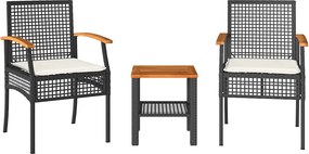 vidaXL Σετ Επίπλων Bistro 3 τεμ. Μαύρο Συνθ. Ρατάν/Ακακία + Μαξιλάρια