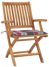 vidaXL Καρέκλες Κήπου 2 τεμ. Μασίφ Ξύλο Teak με Κόκκινα Καρό Μαξιλάρια