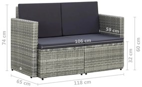 vidaXL Καναπές Κήπου Διθέσιος Γκρι από Συνθετικό Ρατάν με Μαξιλάρια