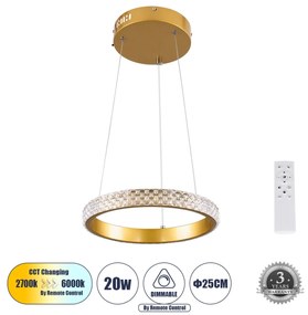 DIAMOND 61127 Κρεμαστό Φωτιστικό Δαχτυλίδι-Κύκλος LED CCT 20W 2356lm 360° AC 220-240V - Εναλλαγή Φωτισμού μέσω Τηλεχειριστηρίου All In One