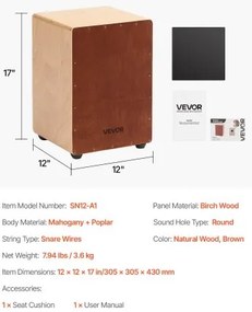 VEVOR Cajon Box Drum Wooden Birchwood Percussion Instrument with Snare Wires