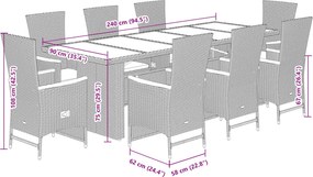 vidaXL Σετ Τραπεζαρίας Κήπου 9 τεμ. Γκρι Συνθ. Ρατάν με Μαξιλάρια
