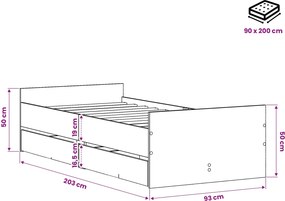 vidaXL Σκελετός Κρεβατιού Μαύρη Δρυς 90 x 200 cm Επεξεργασμένο Ξύλο